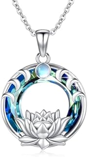 Lotus Necklace 925 Sterling Silver Moon Phase Necklace Crystal Moonstone Flower Lotus and Luna Pendant Necklace Lotus Crystal Jewelry Valentines Day Gifts for Girls Women