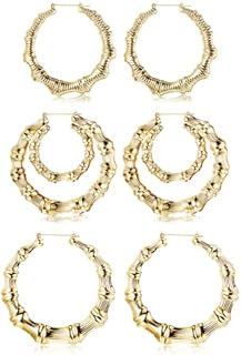 HANPABUM 3-6Pairs Large Bamboo Hoop Earrings for Women Geometric Earrings Hip-Pop Style Fashion Party Accessory