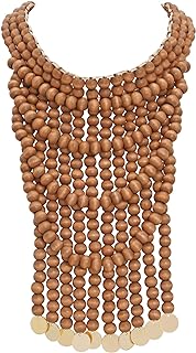 Ethnic Boho Wooden Bead Necklace with Ball Chain and Clasp, Multilayered Chunky Statement Choker for Women - Handmade Bib Style Jewelry (N0123)