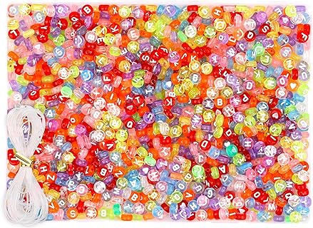 1000Pcs White Letter Beads 4X7mm Alphabet Beads Round Acrylic Smiley Face Beads 28 Patterns for Jewelry Making DIY Name Friendship Bracelet Necklace Key Chains (Transparent Colorful & White)