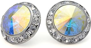 PammyJ Aurora Borealis 20mm Round Crystal Framed Earrings, Wedding Brides Earrings, Competition Stud Earrings