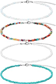 4 Pieces Women Bead Choker Necklace Colorful Bohemian Seed Bead Chain Girls Boho Hawaiian White Tiny Turquoise Layered Collar (Style A, 4 Pieces)