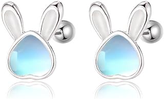 Aloluo 18g Moonstone Bunny Stud Earrings for Women Girls Sterling Silver Rabbit Earrings Tiny Ball Screw Back Earring Hypoallergenic Tragus Helix Cute Bunny Easter Birthday Jewelry Gifts for Wife Daughter