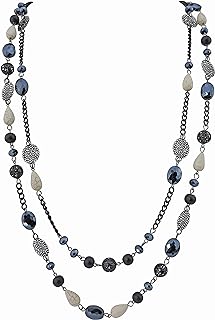 Bocar 2 Layer Long Link Chain Necklace Crystal Beaded for Women Party Long Necklace Gift