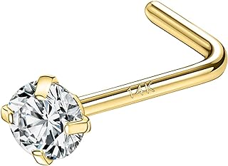 SYLWIA 14K Real Gold Nose Studs 20g 18g, L Shaped Nose Rings Corkscrew, Simulated Diamond CZ Hypoallergenic 18 20 Gauge Nose Ring Piercing for Women Wen Gifts - 2mm 2.5mm 3mm CZ