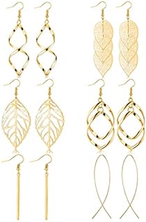 FUNEIA Women's 6 Pair Nickel Drop Dangle Earrings Set with French Wire Back - Includes Leaf, Threader, Double Wave, and Bar Designs