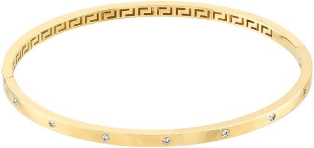Other-Clasp-Type 14K Yellow Gold 0.20 Dwt Diamond Enhanced Square Tube Cuff Bangle Bracelet with Greek Key Interior, Ideal Jewelry Gift for Women