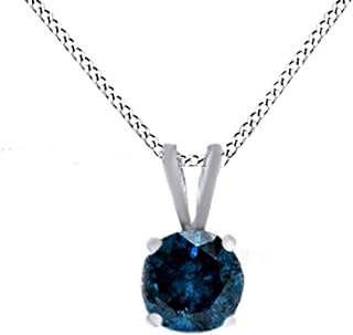 Round Cut Blue Natural Diamond Solitaire Pendant Necklace In 10k Solid Gold (1/2 Cttw)
