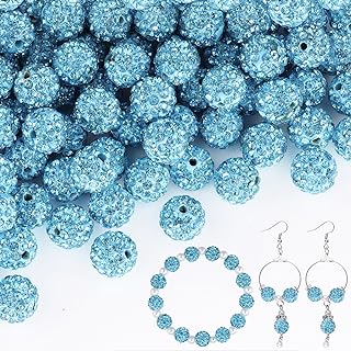 100pcs 10mm Rhinestone Beads for Crafting, Aquamarine Shiny Round Shamballa Disco Ball Beads Bulk, Fancy Sparkle Crystal Clay Bead for Necklace Bracelet Earring Jewelry Making and DIY Decoration