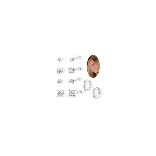 5 Pairs Sterling Silver Stud Hoop Earrings Set for Multiple Piercing, Hypoallergenic 925 Sterling Silver Small Cubic Zirconia Earrings Studs Cartilage Huggie Hoops for Women Teen Girls
