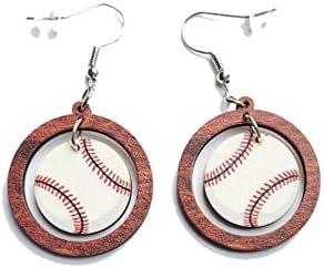 Charmingly Retro Baseball Print Wooden Dangle Earrings with French Wire for Women and Sports Enthusiasts