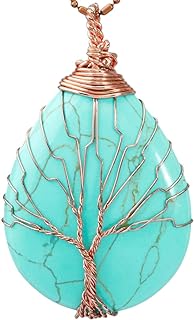 SUNYIK Handmade Green Howlite Turquoise Stone Tree of Life Pendant Necklace with Lobster Clasp and Cable Chain