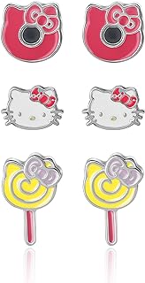 Officially Licensed Sanrio Hello Kitty Stud Earrings Set for Girls, 3 Pair Pack with Push-Back Closure, Imitation Rhodium Plated Costume Metal