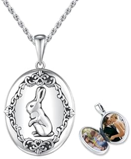 CUOKA MIRACLE Rabbit Locket Necklace, Bunny Locket Pendant 925 Sterling Silver Vintage Rabbit Photo Lockets That Holds Pictures Personalized Customize Jewelry Gift for Women Girls Wife Mother