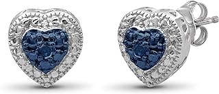 JEWELEXCESS Blue Diamond Earrings for Women Sterling Silver – Premium Heart-Shaped Blue Diamond Studs – Hypoallergenic Sterling Silver Stud Earrings for Women with Secure Push-Back Closure