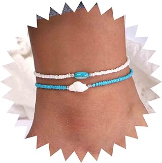 Sttiafay Boho Beaded Anklet Handmade Shell Beaded Ankle Bracelet Adjustable Stretch Ankle Chains 2Pcs Foot Jewelry for Women and Girls
