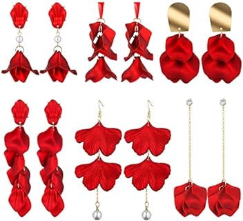 6 Pairs Red Acrylic Rose Petal Drop Long Dangle Earrings Floral Long Tassel Earrings Flower Earrings Hanging Boho Resin Floral Earrings Statement Exaggerated Tiered Flower Earrings for Women Girls