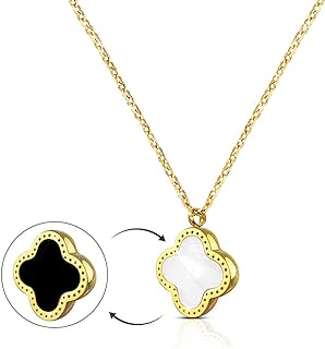 Lucky Clover Necklace for Women and Girls, 18K Gold Plated Stainless Steel, Black and White Double-sided Pendant Necklaces, Jewelry gift for Mother and Daughter
