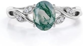 10K 14K 18K Gold Natural Diamond and Moss Agate Rings Solitaire Green Moss Gate Engagement Ring for Women Moss Agate Inspired Leaf Wedding Rings