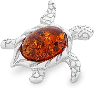 Women’s Silver Sea Turtle Brooch with Amber, Polished Sterling Silver, Oval Baltic Amber, Brooch with Pendant Function