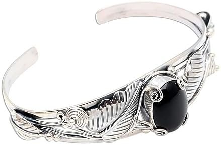 NOVICA Artisan Handmade Onyx Bracelet Floral Sterling Silver Cuff Black Indonesia Birthstone [6 in L (end to End) x 0.8 in W] ' Black Lily'