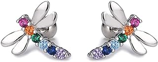 20g Dragonfly CZ Rainbow Colorful Minimalist Real 925 Sterling Silver Tiny Mini Cute Small Cartilage Stud Earrings for Women Teen Girls Little Sensitive Ear Dainty Simple Huggie Piercing Post Screw