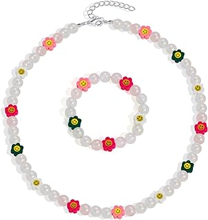 Kids Jewelry Set for Girls Cute Smiley Necklace Bracelet Set Sweet Adjustable Pendant Necklace Pink Clip-on Earrings Set Little Girls Princess