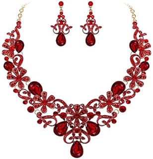 BriLove Women's Costume Elegant Crystal Flower Scroll Teardrop Statement Necklace Dangle Earrings Set