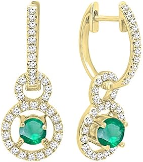 Dazzlingrock Collection 18K Round Cut Gemstone & White Diamond Ladies Halo Dangling Drop Earrings, Yellow Gold