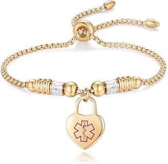 LinnaLove Medical alert bracelets for women Adjustable stainless steel medical id bangle with heart charm free engraving