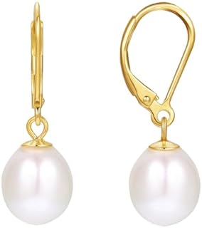 Leverback Pearl Drop Earrings in 925 Sterling Silver & 14K Gold Plating for Women and Girls, Hypoallergenic Freshwater Cultured Pearl, Ideal Birthday or Christmas Gift