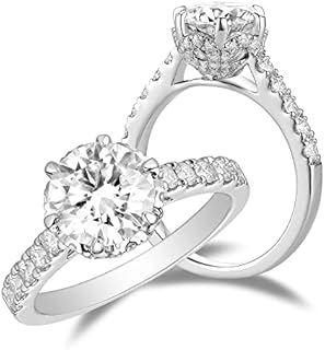 DovEggs Round Cut Moissanite Engagement Ring with Platinum Plated Sterling Silver Band for Women, Flower Style Design