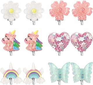 6-Pair Set of Resin and Crystal Unicorn Clip-On Earrings for Little Girls, Featuring Rainbow, Butterfly, and Floral Designs