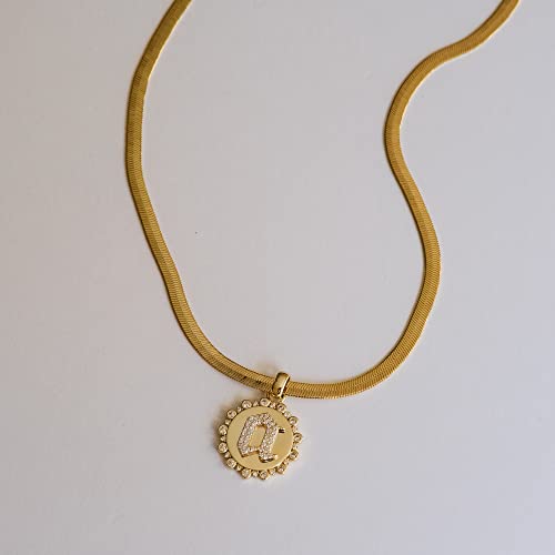 Herringbone Initial Disc Pendant Necklace 18'' | 5mm Thick Herringbone Choker Sparkle Coin Medallion Diamond Initial Letter Necklace