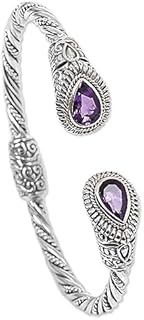 NOVICA Artisan Handmade Amethyst Cuff Bracelet Sterling Silver from Indonesia Purple Birthstone [6 in L (end to End) x 0.3 in W] ' Bright Eyes'