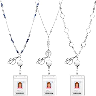 3 Sets Retractable Badge Reel Lanyard with ID Holder Beaded Lanyards Stainless Steel ID Badge Necklace for Woman Girl Office (Beaded Style)