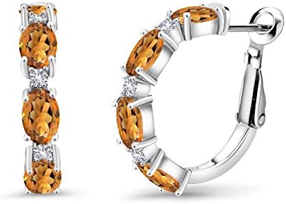 Gem Stone King 925 Sterling Silver Orange Red Madeira Citrine and White Created Sapphire Hoop Earrings For Women (3.44 Cttw, Gemstone Birthstone, Oval 6X4MM and Round 2MM)