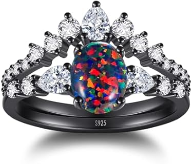 Opal Ring Black Wedding Ring Sets for Women Sterling Silver Engagement Rings 1.25ct Oval Cut Opal Jewelry Rings for Womens Gift Size 5-9
