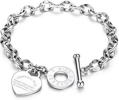 Buckle Clasp 14K Silver-Titanium Bangle with Zircon Gem for Women and Kids - Inspirational Quote Link Chain Design