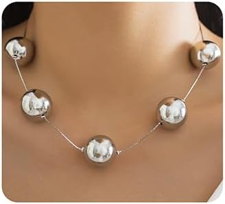 Women's Dainty Big Ball Alloy Bead Necklace with Cable Snake Chain and Ball Clasp - Lightweight Boho Style Zinc Pendant Jewelry