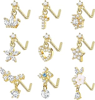 ORAZIO 9 PCS Dangle Nose Rings L Shaped for Women 20G Stainless Steel Nose Rings Studs CZ Cross Crown Flower Heart Dangling Nose Rings Piercing Jewelry