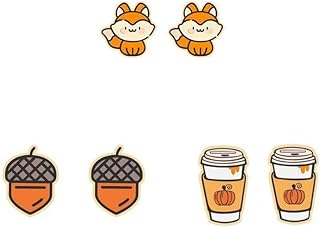 3 Pairs Cute Autumn Turkey Pumpkin Maple Pine Nut Fox Earrings Thanksgiving Fall Wooden Stud Earrings For Women Girls Thanksgiving Day Jewelry Gift