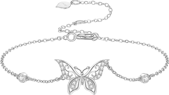 Sterling Silver Butterfly Bangle Bracelet with Cubic Zirconia Gem for Women and Girls - Elegant Design