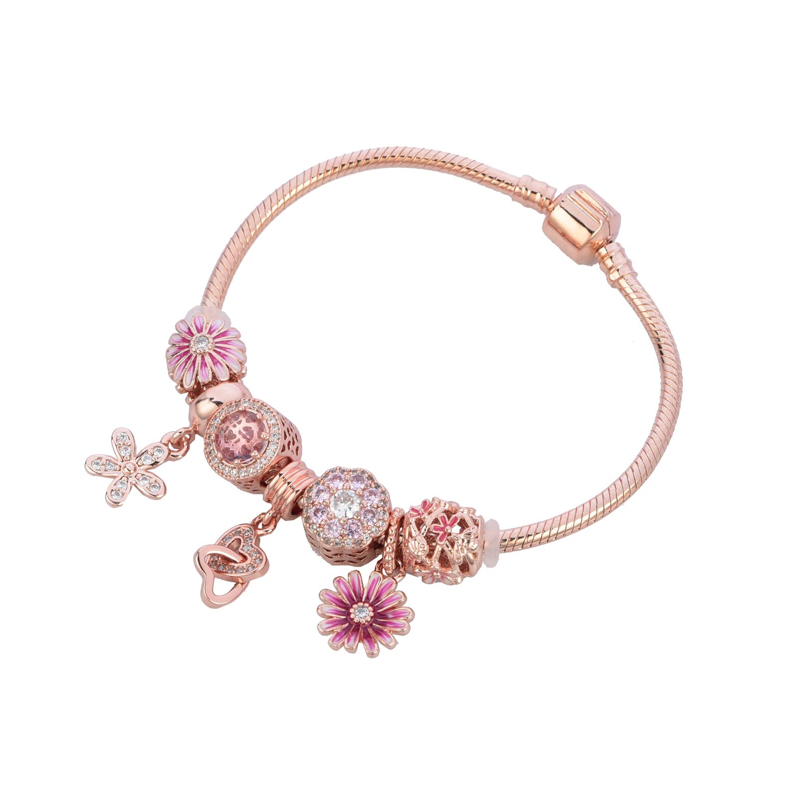 Rose Gold Charm Bracelet with Snake Chain and Buckle Clasp, Adorned with Family Tree, Angel Wing & Flower Charms for Women and Girls - Ideal for Mom and Sister Christmas Gifts
