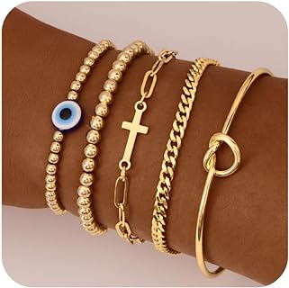 Gold Bracelets for Women Girls, Dainty Bracelets for Women Trendy, 14K Real Gold Bracelets Stack With Beaded, Cuban, Paperclip, Heart, Snake, Rope, Pearl, Cross, Hand Chain, Fashion Jewelry Set for Women Girl