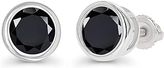 Screwback Sapphire Stud Earrings in 14K Gold Plated Sterling Silver for Unisex - Round Bezel Set Genuine Gemstone Design