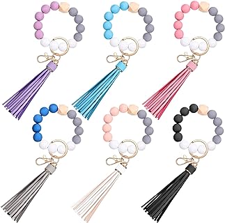 Kigeli Beaded Keychain Bracelet, 6-Piece Wood Wristlet Chain with Tassel, Women’s Fashionable Key Ring Holder + Accessory