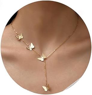 Gold Plated Zinc Butterfly Choker Necklace with Adjustable Cable Chain for Women - Layered Butterflies Design