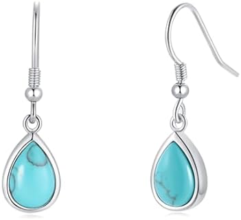 FANCIME Sterling Silver Dangle Earrings with French Wire Back & Teardrop Shaped Created Turquoise Gemstones for Women
