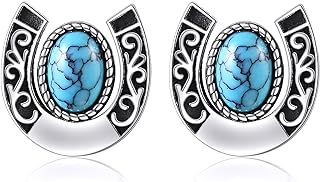YAFEINI Women's Sterling Silver Turquoise Horseshoe Stud Earrings with Push Back Design for Comfort - Hypoallergenic Nickel-Free Jewelry